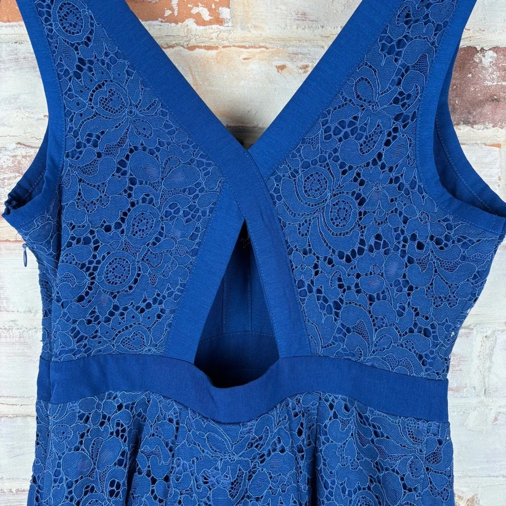 Free People Lovely in Lace Cobalt Mini Dress XS V-Neck Crossover Keyhole Pockets